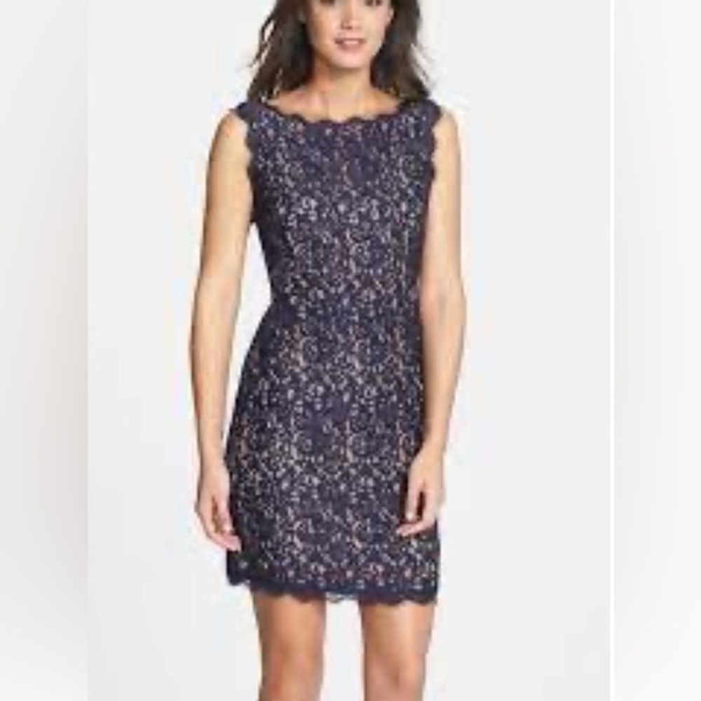 Adrianna Papell Navy Lace Boat Neck Sheath Dress Size‎ 4